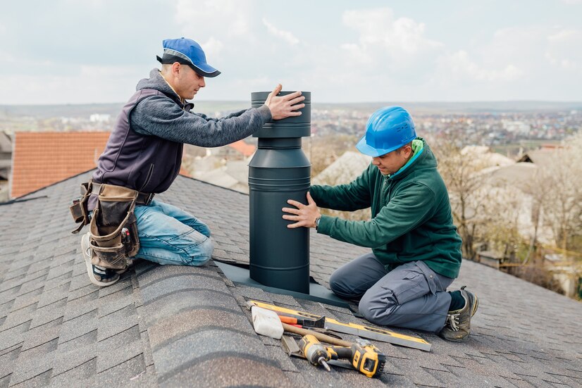 two-professional-workmens-standing-roof-top-measuring-chimney