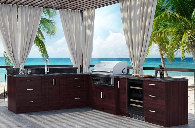 An outdoor kitchen by the beach.